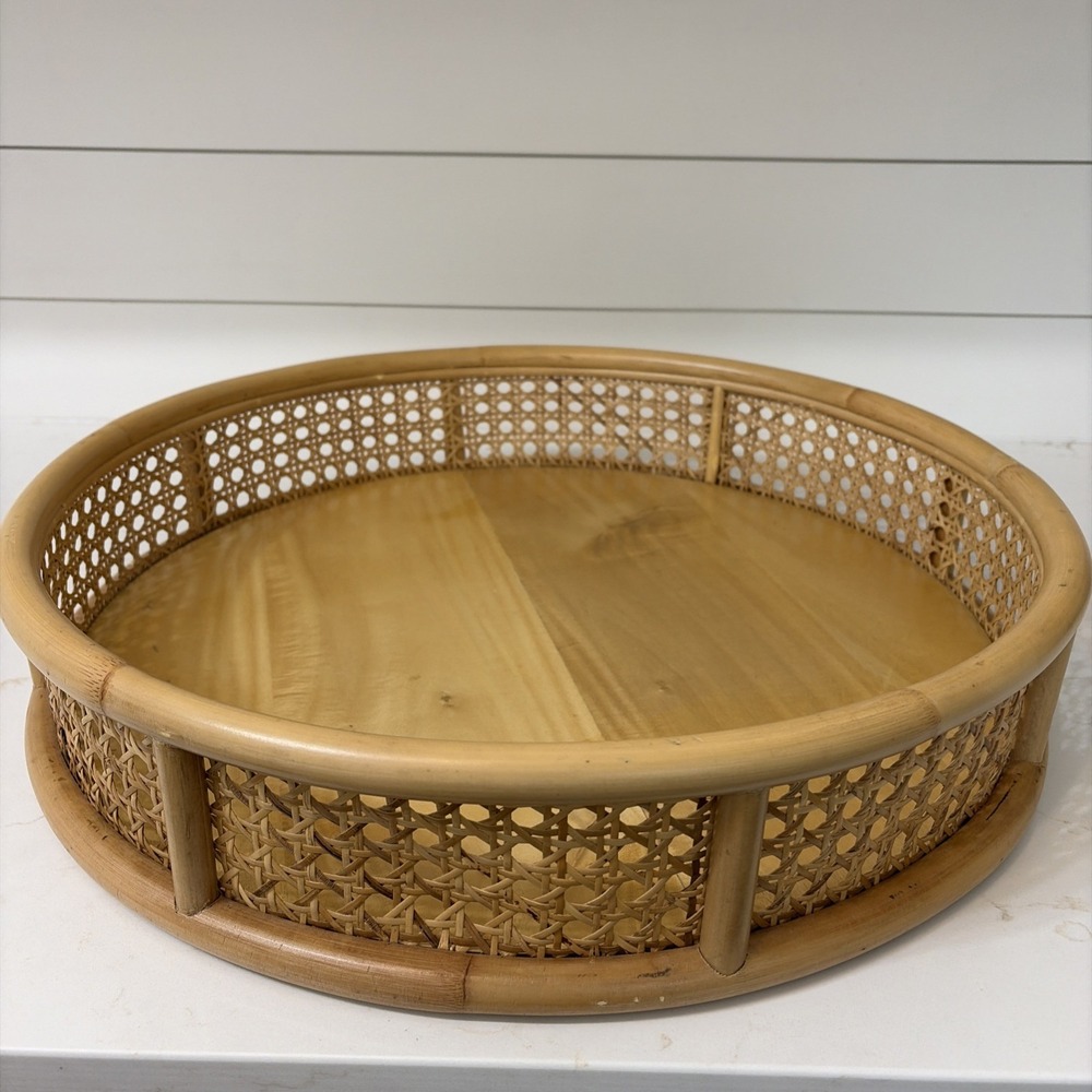Vintage Round Natural Bamboo And Cane Round Serving Tray 20" Boho Chic Large